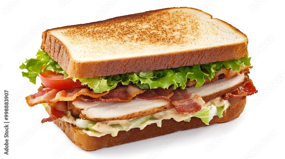 A classic turkey club sandwich with layers of bacon, lettuce, and tomato A classic turkey club sandwich with layers of bacon, lettuce, and tomato