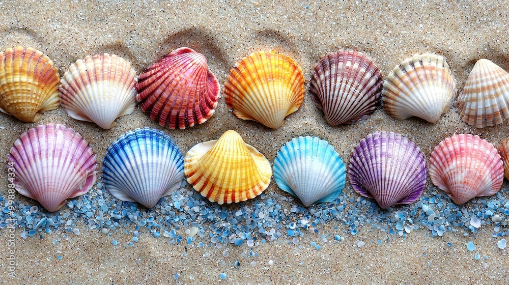 Row of multicolored seashells resting on golden sand, beside vibrant blue-white seaweed line Row of multicolored seashells resting on golden sand, beside vibrant blue-white seaweed line