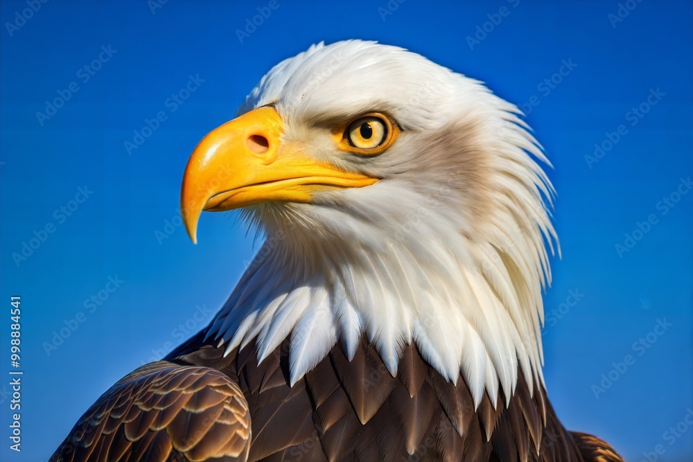 Fototapeta premium Close-up portrait of bald eagle with focus on beak and eye against blue sky
