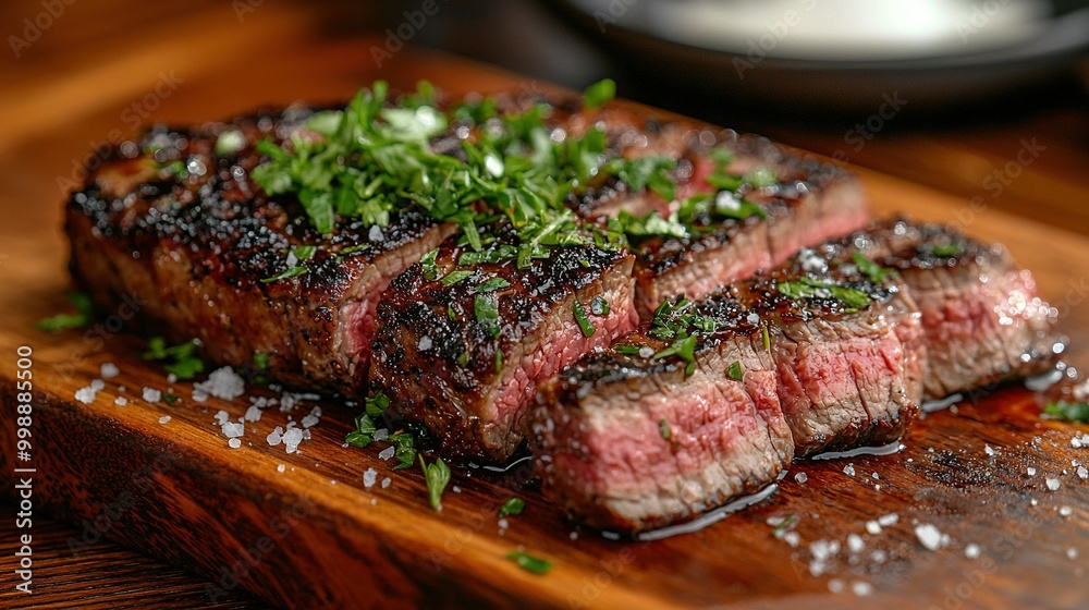 A perfectly cooked steak sits majestically atop a wooden cutting board, sprinkled with glistening sea salt and vibrant green garnish A perfectly cooked steak sits majestically atop a wooden cutting board, sprinkled with glistening sea salt and vibrant green garnish