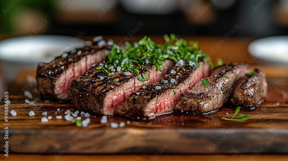 A close-up photo of a juicy slab of steak on a cutting board, artfully adorned with a vibrant garnish A close-up photo of a juicy slab of steak on a cutting board, artfully adorned with a vibrant garnish