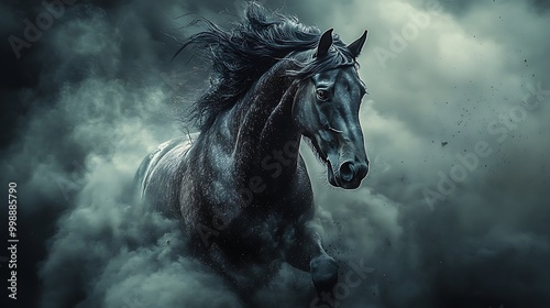 A majestic black stallion runs through a cloud of dust, its mane flowing in the wind.