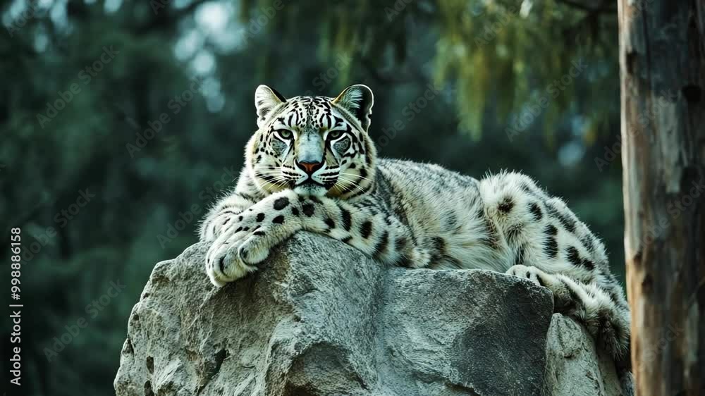 A snow leopard rests on a large rock in a lush forest
