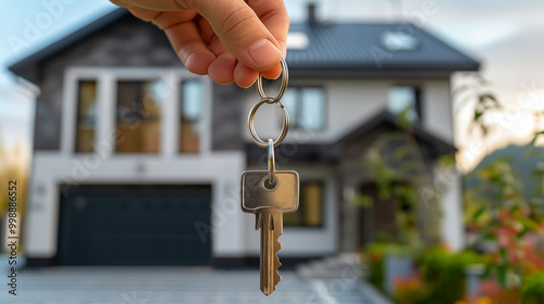 Hand holding a house key in front of a modern suburban home at sunset