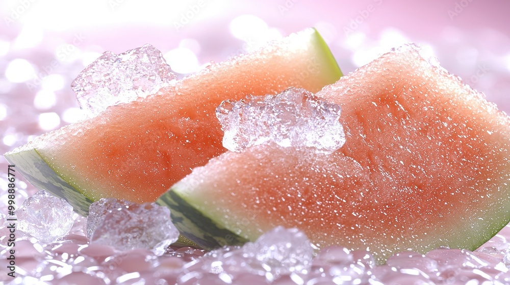 Fototapeta premium Two watermelon slices rest on an ice cube stack on a table