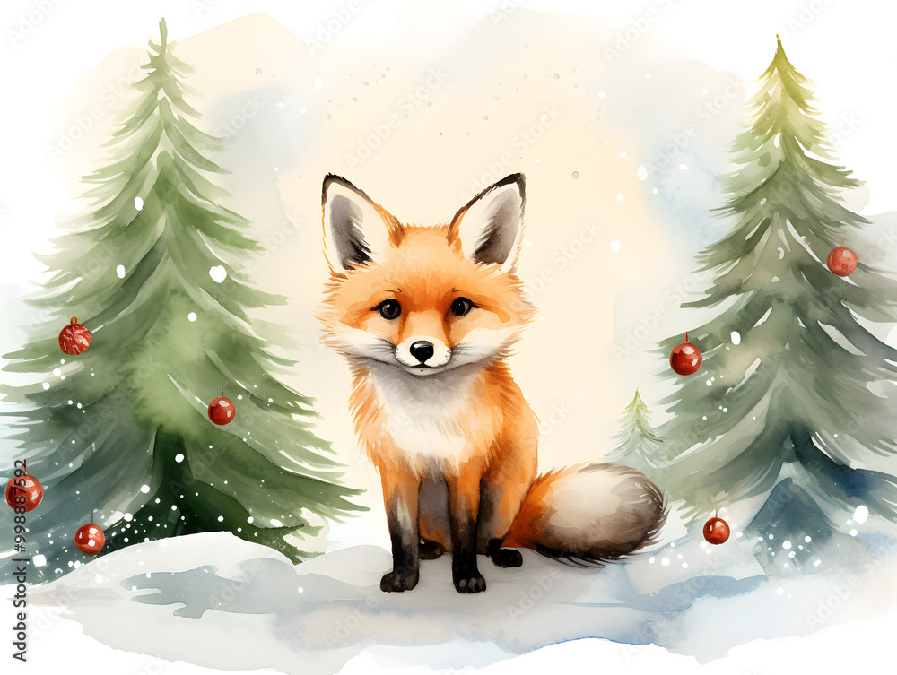 Fototapeta premium Watercolor illustration of a cute fox with a red Christmas hat and Christmas tree