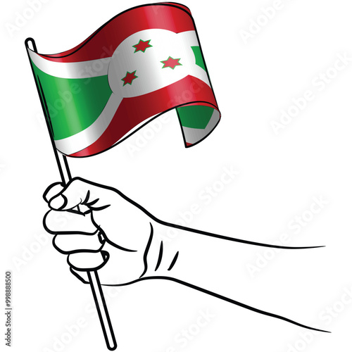 Scalable and editable eps vector Outline line stroke contour art of hand holding national waving flag of Burundi