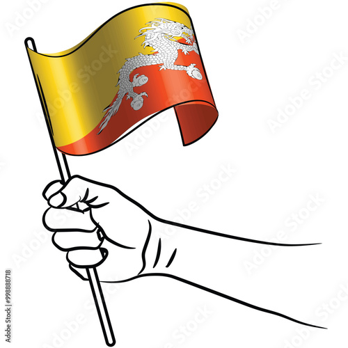 Scalable and editable eps vector Outline line stroke contour art of hand holding national waving flag of bhutan