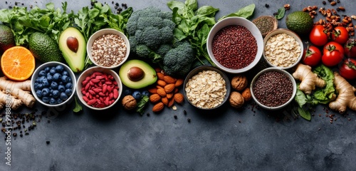 Fresh arrangement of various vegetables, fruits, and grains on a grey stone table, featuring bowls of grain , surrounded by healthy foods 