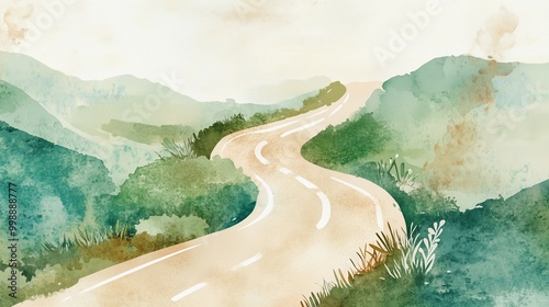Watercolor illustration, road with various financial milestones as signposts, life's financial journey. Flat design. For design banking, blog, linkedin, cover.	
