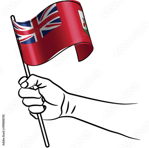 Scalable and editable eps vector Outline line stroke contour art of hands holding national waving flag of Bermuda