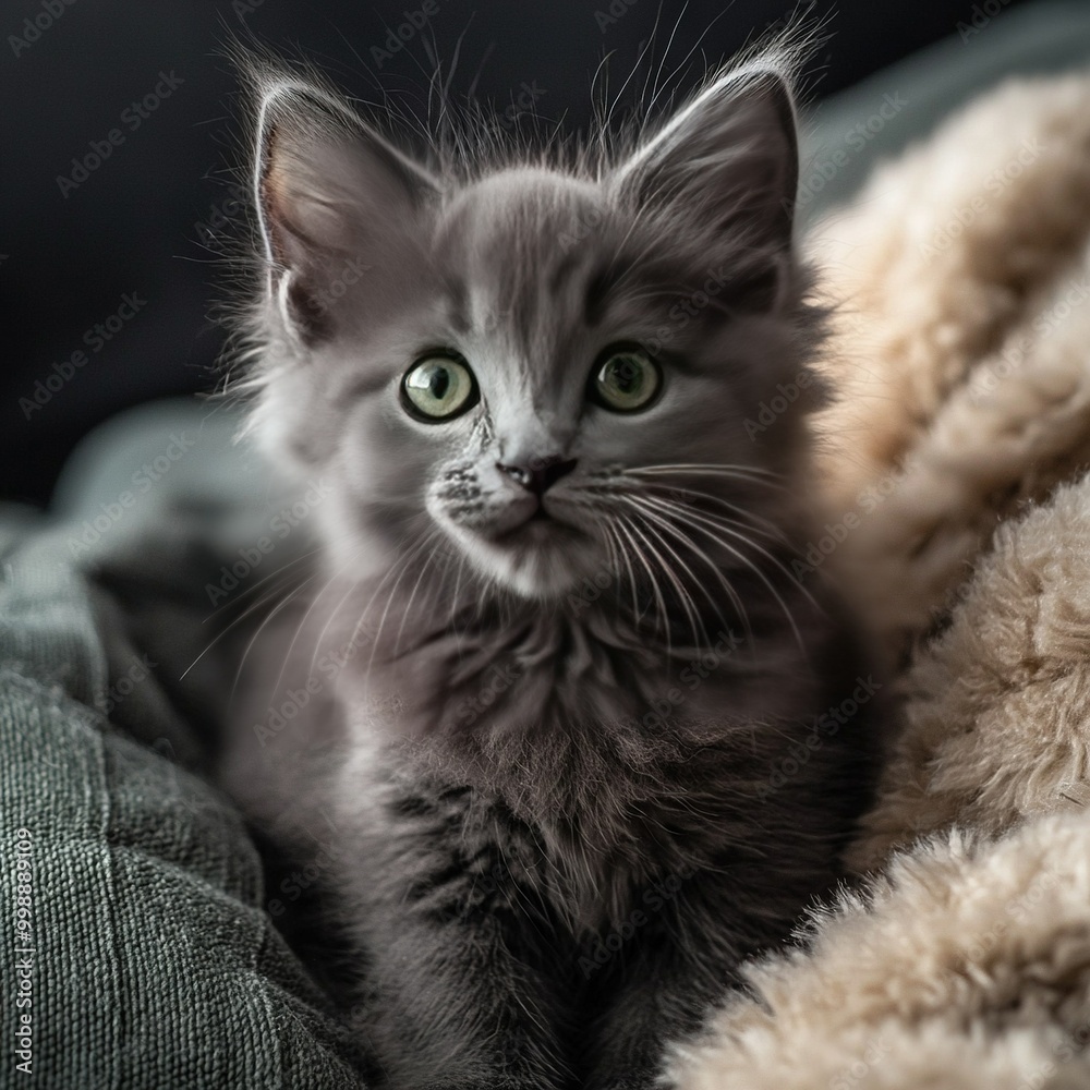 A petite gray feline rests on the couch with a large white plush blanket nearby on a chair A petite gray feline rests on the couch with a large white plush blanket nearby on a chair