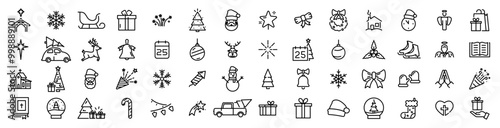 Merry Christmas Big Set Web Icons. New Year, Decoration, Christmas Tree, Snowman, Gift Box. Vector in Line Style Icons