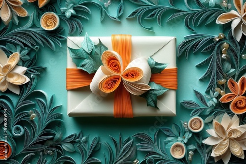 chic paper quilling gift box with ribbon and bow decorations, ideal for a christmas gift concept banner photo