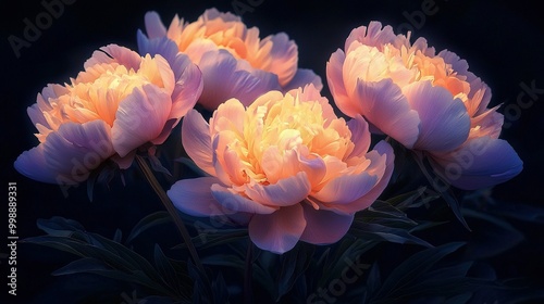  A cluster of pink blossoms resting atop a verdant foliage backdrop against a dark canvas