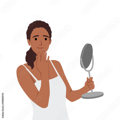 Beautiful woman Holding a Mirror. Flat vector illustration isolated on white background