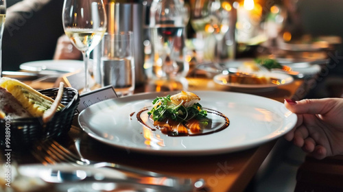 Indulge in a sophisticated main course meal at an upscale restaurant.