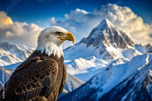 Majestic bald eagle perched on snowy mountain peak with scenic backdrop