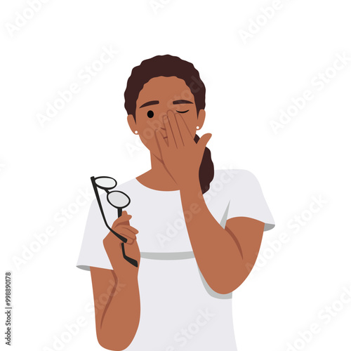 Woman rubbing and wiping eyes and holding glasses. Flat vector illustration isolated on white background