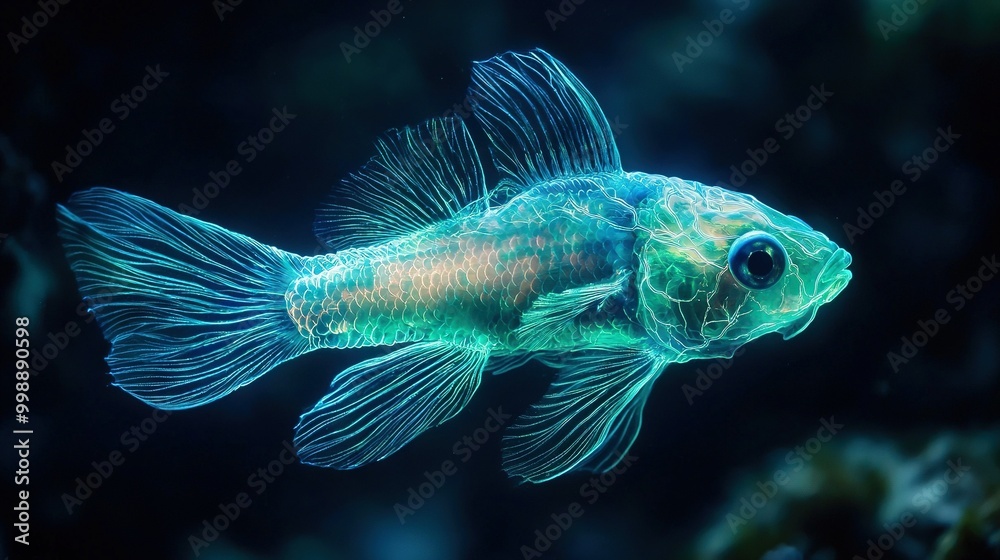 A close-up of a fish in an aquarium with blue and green algae on its head A close-up of a fish in an aquarium with blue and green algae on its head