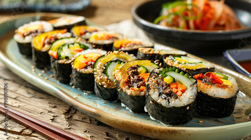 Korean roll Gimbap: A vibrant and colorful presentation of this traditional dish, perfect for capturing the essence of Korean cuisine.