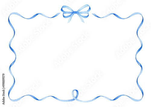Blue ribbon bow frame, hand drawn watercolor illustration isolated on white background. Horizontal template for greeting card or wedding invitation	