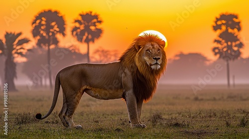 Wallpaper Mural   Lion in field surrounded by palm trees, sun setting Torontodigital.ca