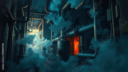 A dimly lit boiler room, shrouded in steam and shadows, labyrinthine pipes writhing like snakes, eerie industrial hum resonating through the foreboding, claustrophobic space. photo