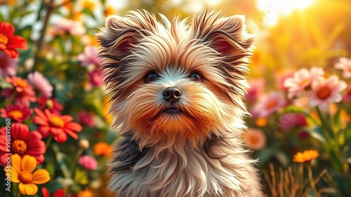 A fluffy, playfully posing full-grown morkie with a soft, curly coat and adorable facial features, amidst a warm, sun-drenched background filled with lush greenery and colorful flowers. photo