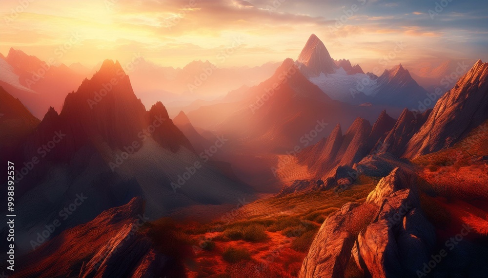 Obraz premium majestic mountain landscape, sense of grandeur and power, misty warm sunrise, light of the setting sun casts a soft warm hue over the red weighty rocks