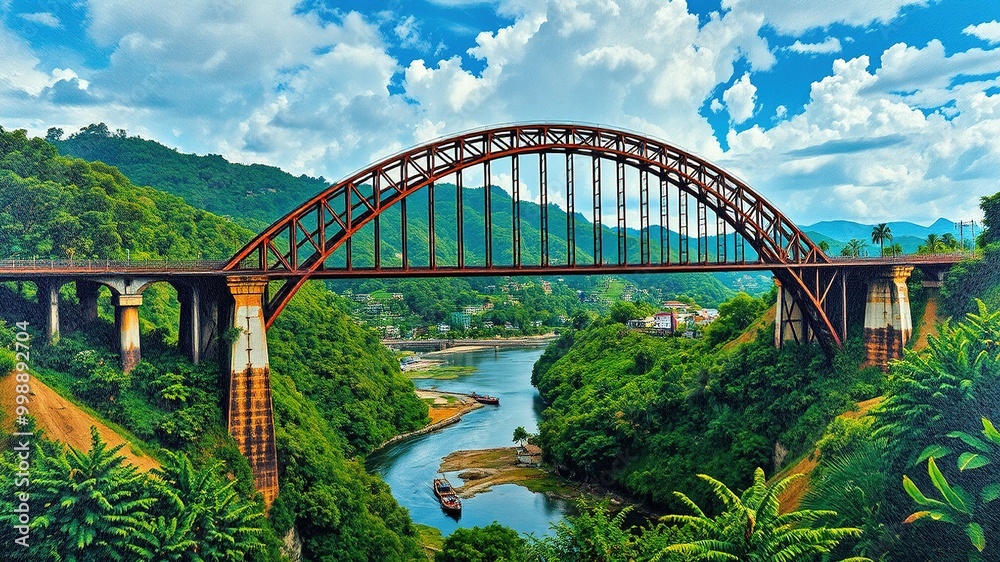 A majestic steel arch bridge spans the Volta River, connecting the adjacent towns and richly fertile valleys, with lush greenery and vibrant plant life flourishing beneath. A majestic steel arch bridge spans the Volta River, connecting the adjacent towns and richly fertile valleys, with lush greenery and vibrant plant life flourishing beneath.