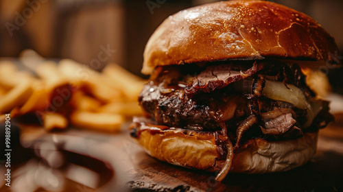 A close-up of a mouthwatering meal featuring a perfectly toasted bun, juicy flavorful meat, promising a satisfying and delicious dining experience.