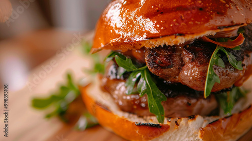 A close-up of a mouthwatering meal featuring a perfectly toasted bun, juicy flavorful meat, promising a satisfying and delicious dining experience.