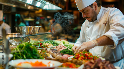 A chef meticulously finishing and preparing, featuring succulent pork meat and a colorful array of vegetables.