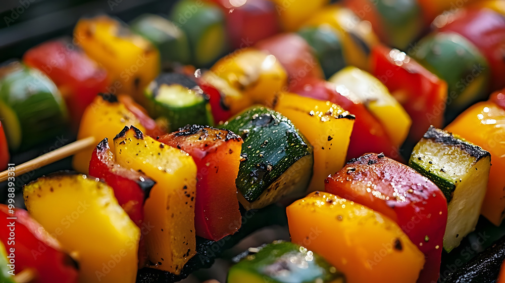 A close-up of colorful vegetable skewers on the grill, featuring chunks of bell peppers, 
