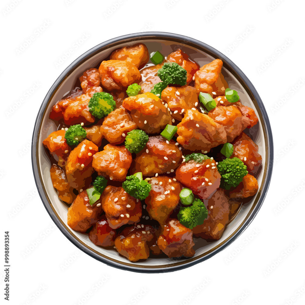 top view of chinese food General Tsos Chicken isolated on a white transparent background top view of chinese food General Tsos Chicken isolated on a white transparent background