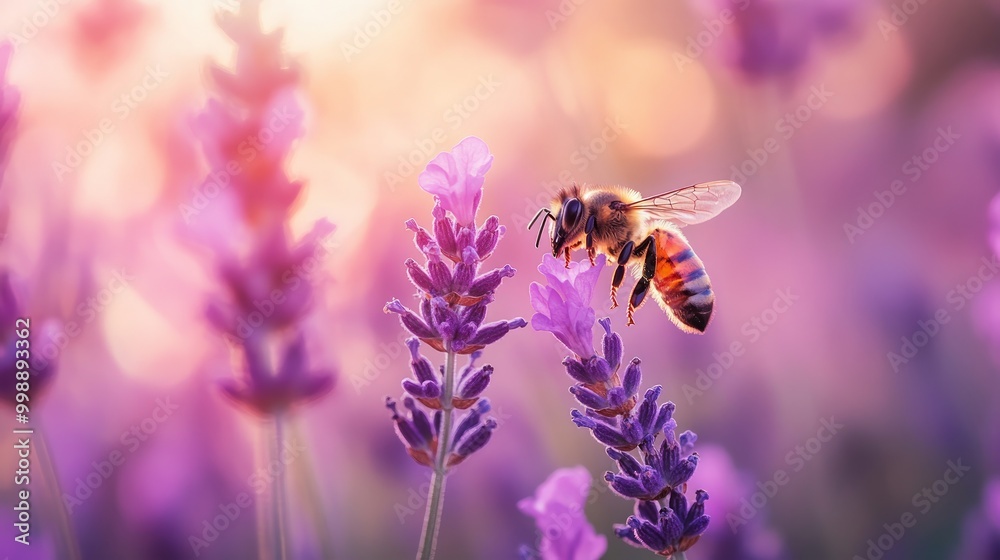 Honey bee pollinating lavender flowers. Plant decay with insects. Blurred summer background of lavender flowers with bees. Beautiful wallpaper. soft focus. Lavender Field