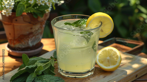 a closeup shot for a refreshing mint lemonade; placed on a wooden board near flower pot.