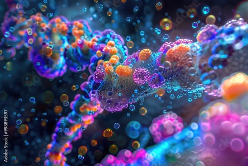 Abstract colorful 3D rendering of a swirling chain with bubbles and particles. Perfect for science, technology, and biology concepts.