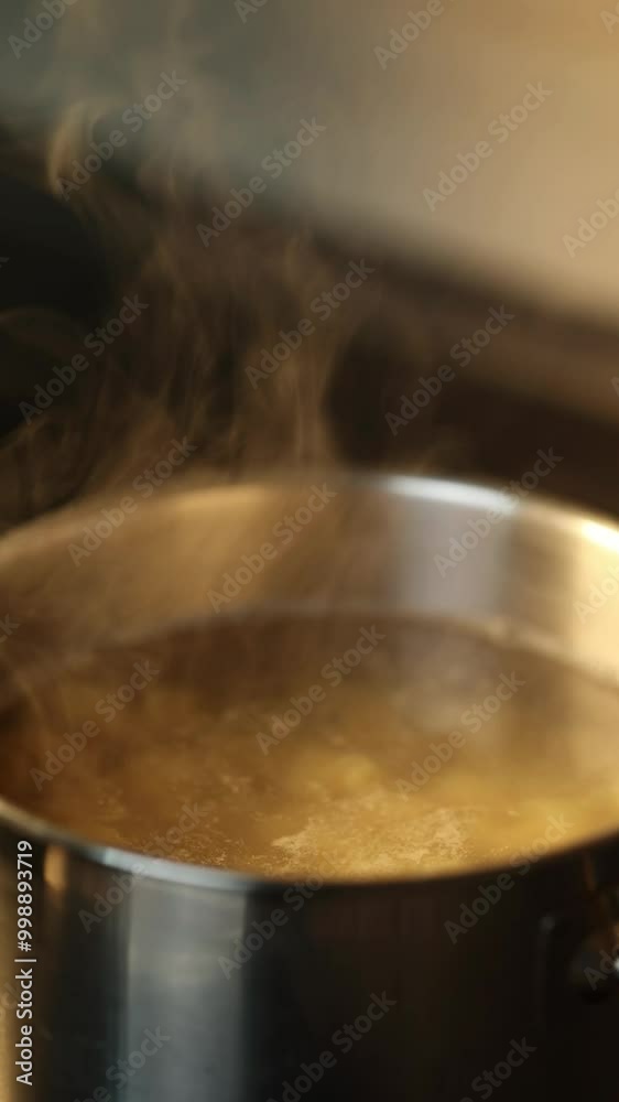 Steam comes from the pan in which the pasta is cooked. Recipe step by step. Vertical video. Steam comes from the pan in which the pasta is cooked. Recipe step by step. Vertical video.