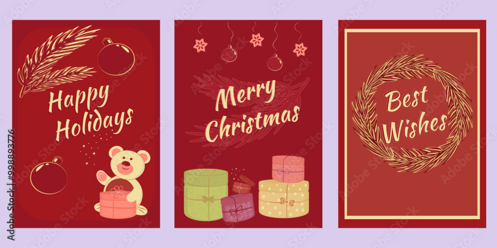 Set of Christmas cards with different wishes and cute pictures in red and gold colors Set of Christmas cards with different wishes and cute pictures in red and gold colors
