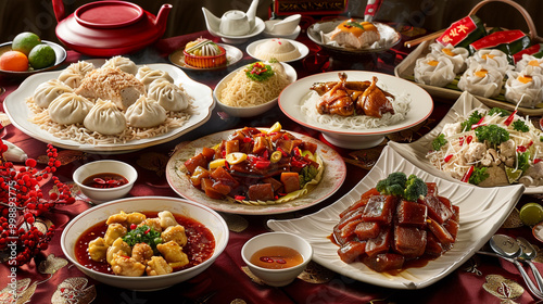 A delectable spread of Chinese cuisine, featuring a variety of dishes on a traditional Chinese table setting.