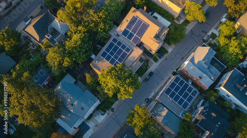 Aerial view of residential rooftops featuring solar panel installations surrounded by greenery, showcasing sustainable energy solutions in urban settings