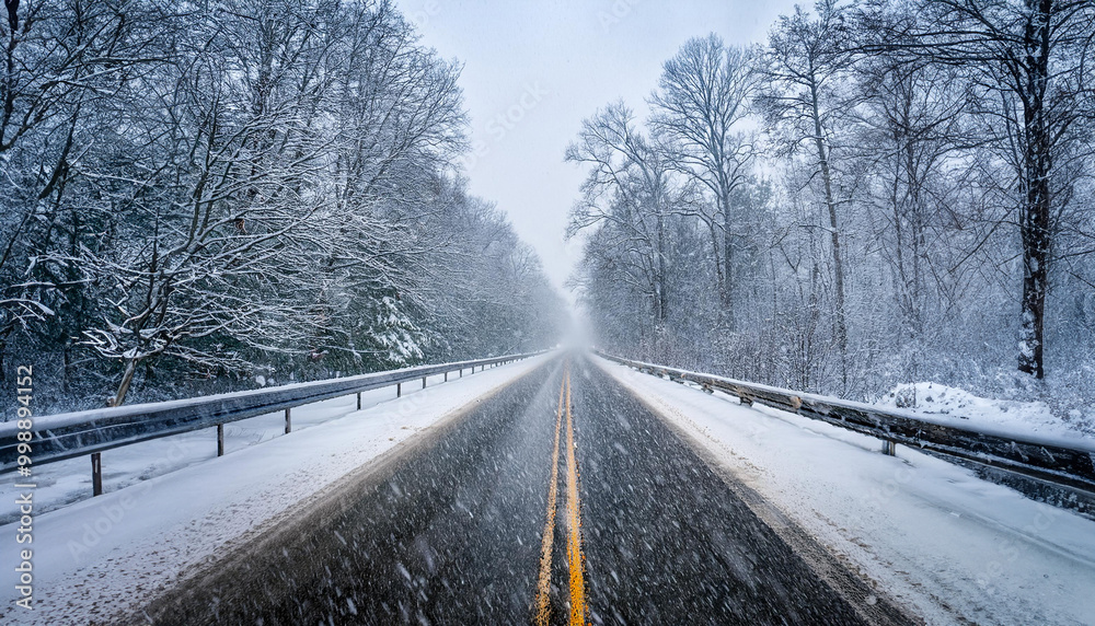 Empty road during a winter snow storm Empty road during a winter snow storm