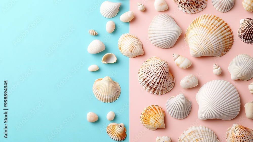 A pink and blue background with seashells on a pink and blue backdrop and a blue and white edge A pink and blue background with seashells on a pink and blue backdrop and a blue and white edge
