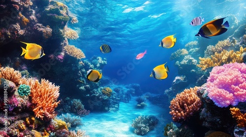 Tropical fish biodiversity in coral reef. Different tropical fish on a coral reef in the Red Sea, blue sea background.