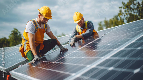 Wallpaper Mural Efficient solar panel installation by dedicated crew on rooftop, showcasing teamwork and expertise in renewable energy. Their focus and precision highlight importance of sustainable practices Torontodigital.ca