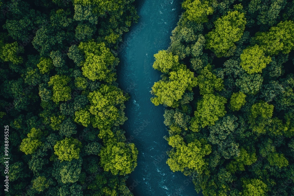 Naklejka premium An aerial view of a river snaking through a lush green forest.