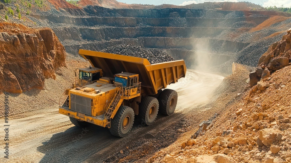 Dump truck fleet in a stone and rock transport mine, A fleet of heavy-duty trucks operates in a mining site.
