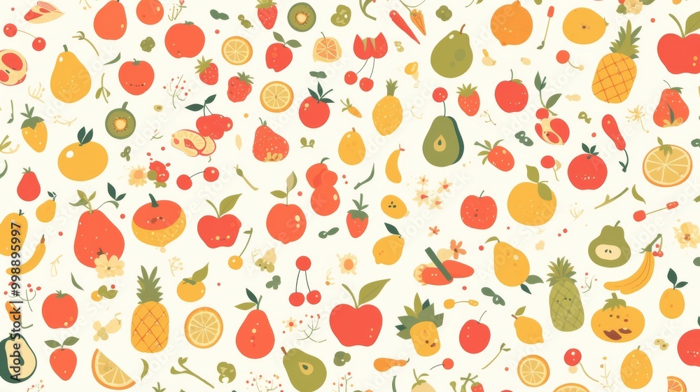 fruits and vegetables in simple shapes and pastel colors on a white background, featuring cartoonish fruit characters and farm tools